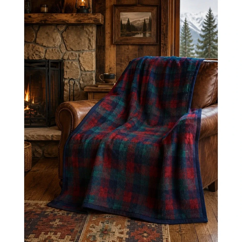 Biederlack Throw Blanket Red Blue Green Plaid Acrylic Fleece Made in USA 56x78